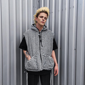 Geometric fleece jacket hooded fluffy bomber luxury striped coat detachable sleeves handmade removable sleeves overcoat fuzzy festival set