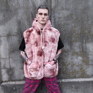 Tie-dye fleece jacket brown hooded gradient bomber luxury fluffy coat detachable sleeves handmade abstract overcoat fuzzy festival set