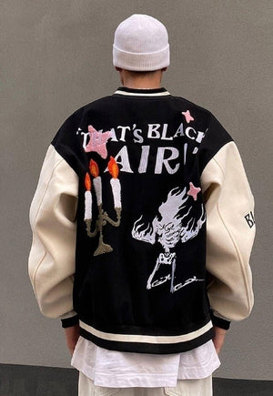 Flame varsity jacket faux leather skeleton bomber in black