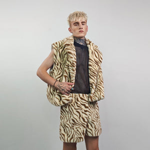 Cropped tiger coat brown short animal print jacket striped trench fauxfur detachable sleeves handmade zebra pattern festival overcoat fleece