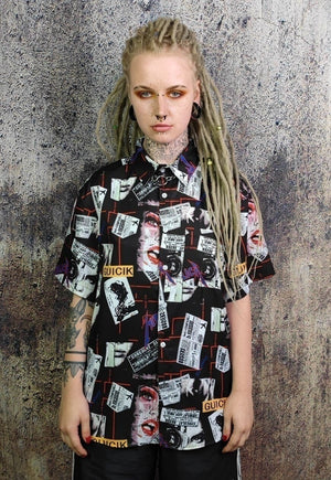 Pop culture shirt short sleeve magazine graffiti top black