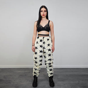 Star print joggers yellow faux fur geometric fleece pants psychedelic trousers handmade raver bottoms festival set