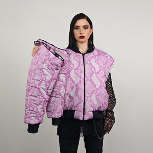 Pink snake bomber python print jacket raver reversible college varsity detachable sleeves handmade crocodile puffer grunge punk rocker coat