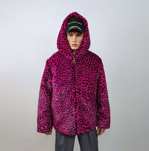 Hooded faux fur leopard jacket animal print bomber bright raver coat fluffy cheetah fleece festival puffer neon burning man overcoat green