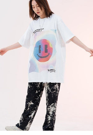 Smile print t-shirt emoji tee skater rainbow top in Black