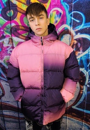 Tie-dye bomber gradient puffer jacket in faded purple pink