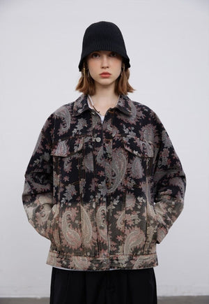 Paisley denim jacket tie-dye Floral jean blazer in brown