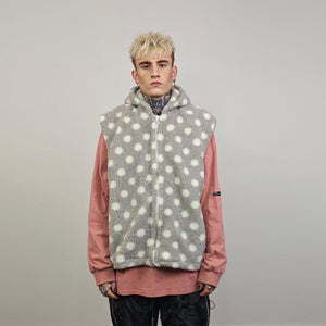 Spot pattern fleece jacket gray hooded polka dot bomber retro geometric coat detachable sleeves handmade preppy overcoat fluffy festival set