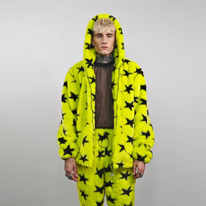 Star print joggers yellow faux fur geometric fleece pants psychedelic trousers handmade raver bottoms festival set