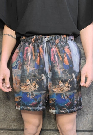 Baroque print shorts handmade religion Gothic overalls blue