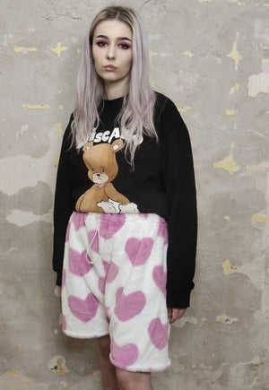 Heart fleece shorts handmade cropped love overalls in pink