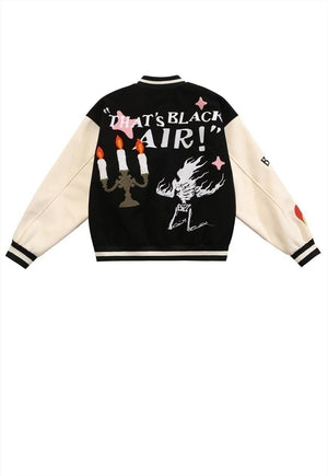 Flame varsity jacket faux leather skeleton bomber in black