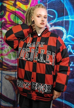 Vogue bomber jacket Chess puffer checkerboard coat in red