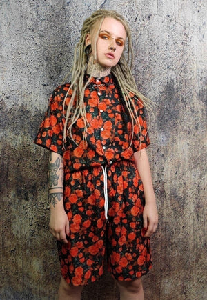 Rose shirt floral print short sleeve top in red black