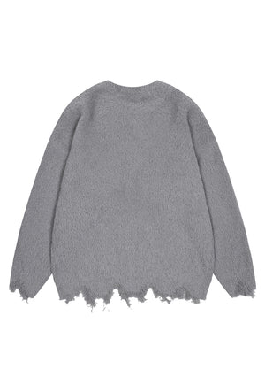 Fluffy distressed sweater stripe pattern hairy jumper grey