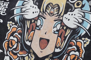 Tiger t-shirt anime print tee Japanese cartoon top in vintage grey