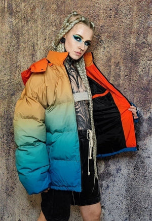 Gradient rainbow bomber tie-dye jacket rave puffer orange