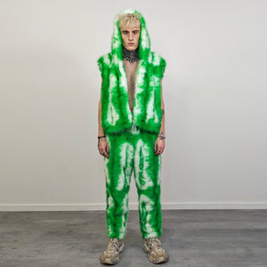 Green faux fur joggers tie-dye trousers abstract rave pants fluffy shorts custom festival bottoms burning man fleece set
