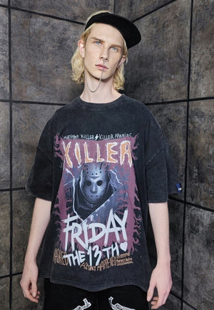 Friday 13th t-shirt vintage wash Horror movie tee acid grey