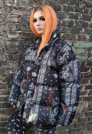 Paisley bomber tie-dye bandanna print scarf puffer jacket