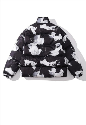 Paint splatter bomber Milk print cow puffer jacket in black