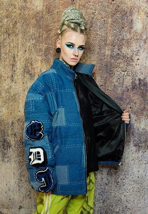 Reworked denim patch bomber jean puffer jacket in blue check