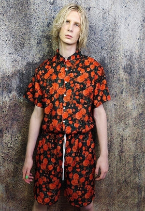 Rose shorts floral print crop board overalls in red black