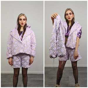 Cropped going out coat purple gold glitter jacket shiny embellished fleece bomber detachable sleeves handmade party trench festival set