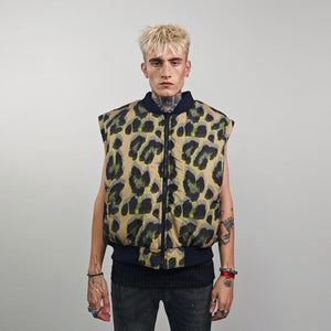 Leopard jacket brown animal print bomber reversible cheetah college varsity detachable sleeves handmade rave puffer grunge festival coat