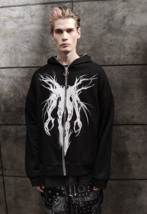 Graffiti hoodie Gothic raver pullover y2k zipper top black