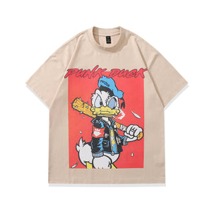 Punk cartoon t-shirt duck print tee retro American top in vintage grey