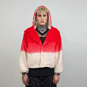 Cropped hooded fleece coat red gradient short rave jacket sports set burning man outfit detachable sleeves festival overcoat carnival trench