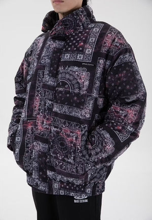 Checked paisley print bomber bandana denim jacket in black