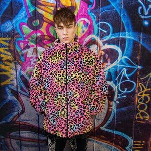 Leopard fleece jacket fluffy rainbow track jacket faux fur animal print bomber festival jacket rainbow coat pride jacket in pink purple
