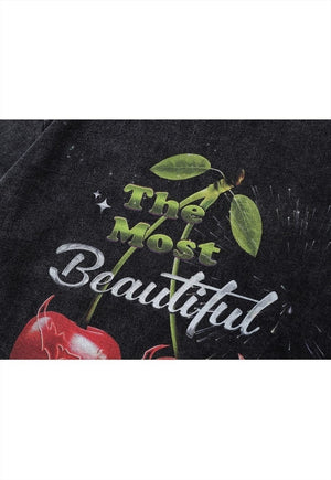 Cherry t-shirt vintage wash fruit print top long tee grey