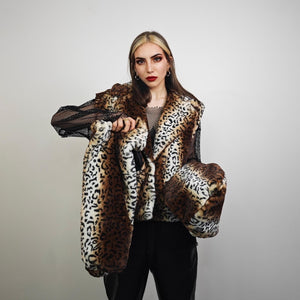 Crop animal print coat brown short leopard jacket cheetah trench faux fur detachable sleeves handmade spot pattern festival overcoat fleece