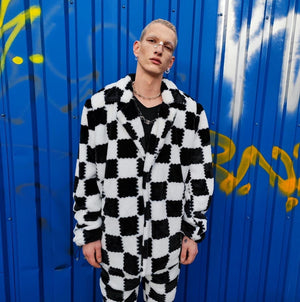 Checked trench coat faux fur white black overcoat plaid jacket SKA bomber detachable sleeves handmade rave puffer festival Coachella fleece