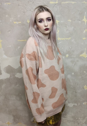 Cow sweater animal print top dot pattern jumper pastel pink