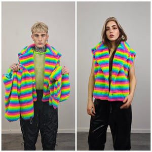 Rainbow hooded coat unicorn fleece striped gay jacket short LGBT rave bomber glitchy burning man outfit festival overcoat carnival trench