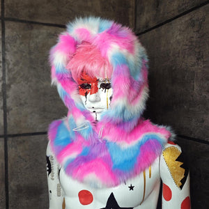 Faux fur hood pink green white snood handmade hooded hat raver cap allover fluffy fleece scarf unisex bucket grunge winter festival headwear