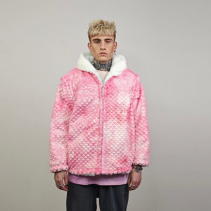 Pink mermaid jacket reversible tiedye fleece hood faux fur bomber retro geometric coat detachable sleeve overcoat fluffy golden festival set
