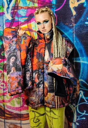 Psychedelic bomber jacket detachable raver puffer in rainbow