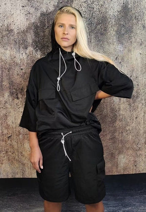 Oversized utility sport set half sleeve hoodie shorts set
