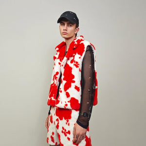 Cropped cow print coat red white fleece trench animal print jacket detachable sleeves handmade spot pattern party overcoat festival set