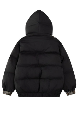 Patchwork parka jacket black furry collar hooded bomber