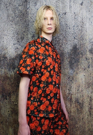 Rose shirt floral print short sleeve top in red black