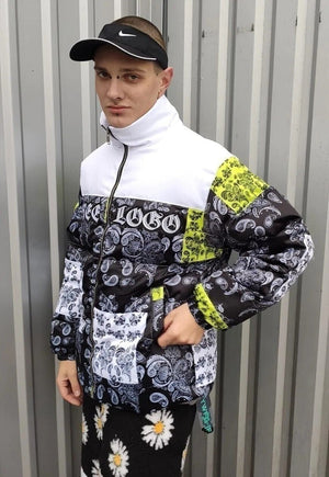 Paisley print bomber bandana puffer jacket in white black