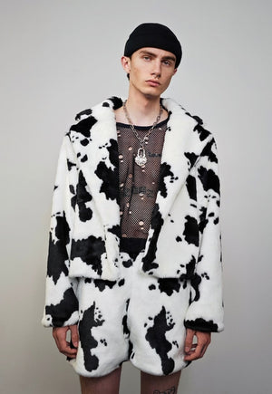 Cow print shorts white faux fur mini cropped pants