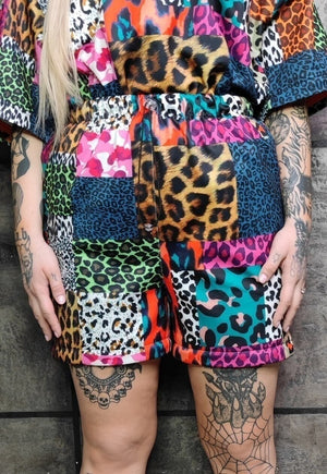 Leopard shorts handmade animal print overalls in blue brown