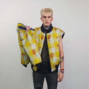 Tribal bomber yellow tattoo print jacket Aztec reversible college varsity detachable sleeves handmade checked puffer grunge plaid punk coat